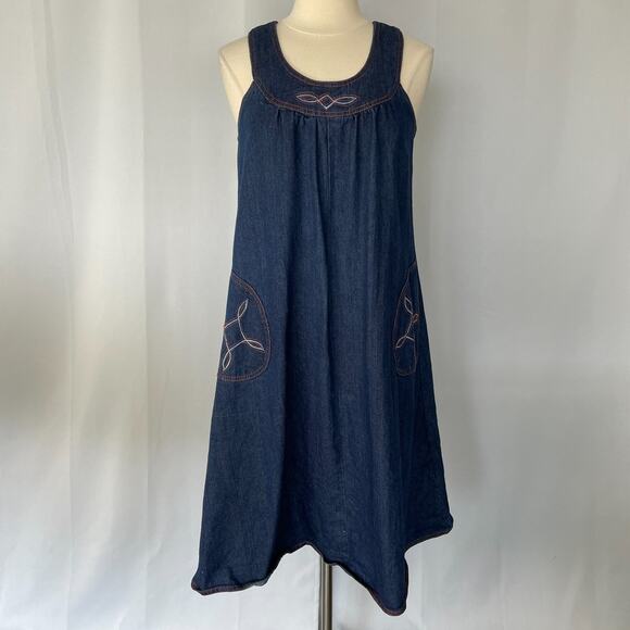 Vintage 70s Dress Size Small Blue Jean Denim Pinafore Trapeze Boho Hippie Retro - Picture 2 of 15